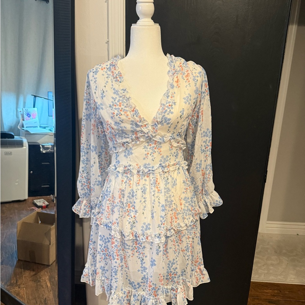 Floral Ruffle Wrap Mini Dress - White with Blue & Peach Floral